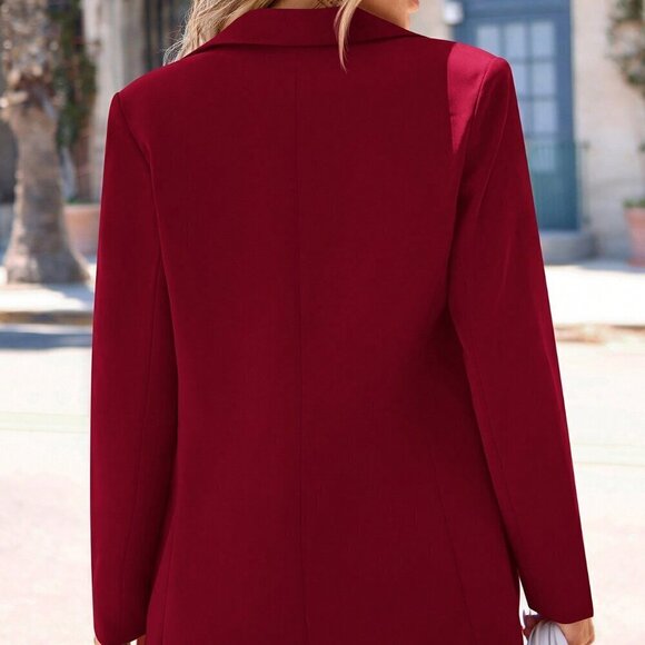 Burgundy Elegant Women's Long Sleeve Notch Lapel Blazer - Picture 3 of 6
